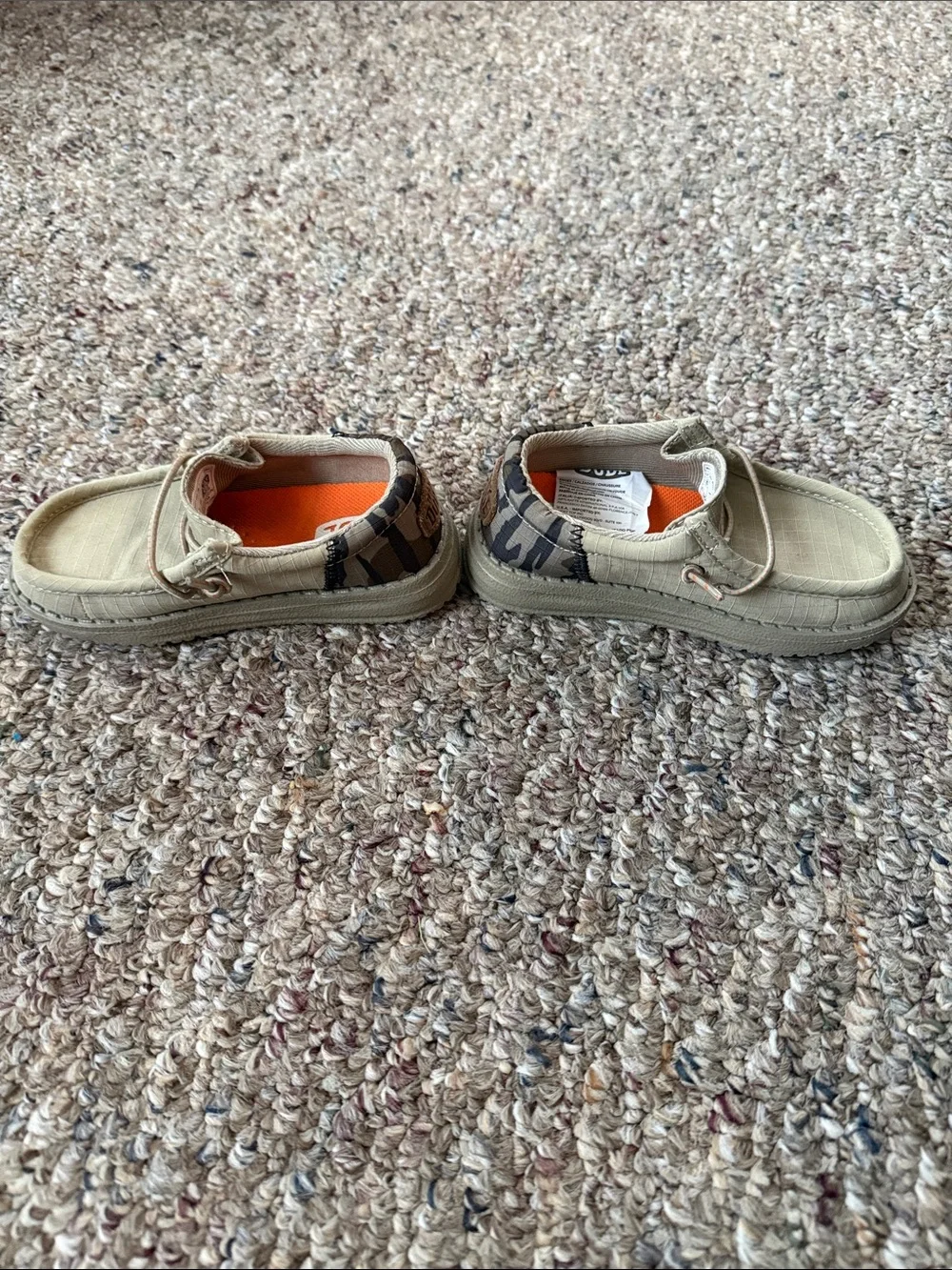 Hey Dude Kids Tan Slip-On Moccasins with Camo Heel